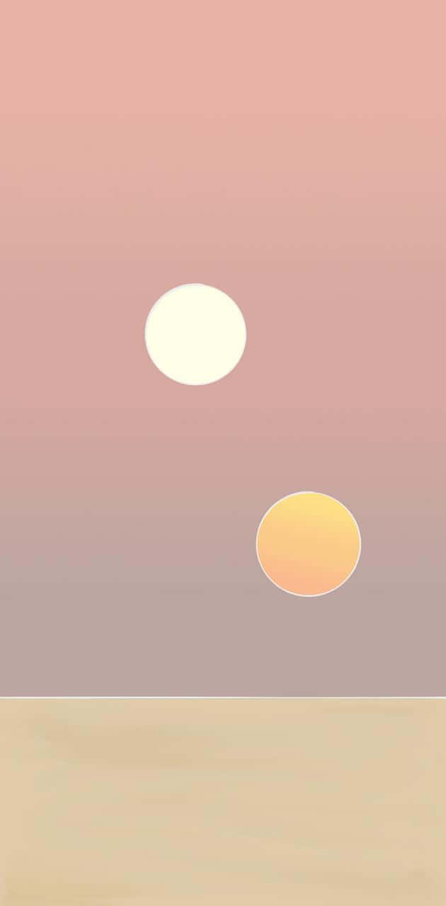 極簡風格雙星塔圖因背景 壁紙 — 兩個極簡圓形漂浮在柔和的漸變天空上，下方是柔和的大地色調地平線。