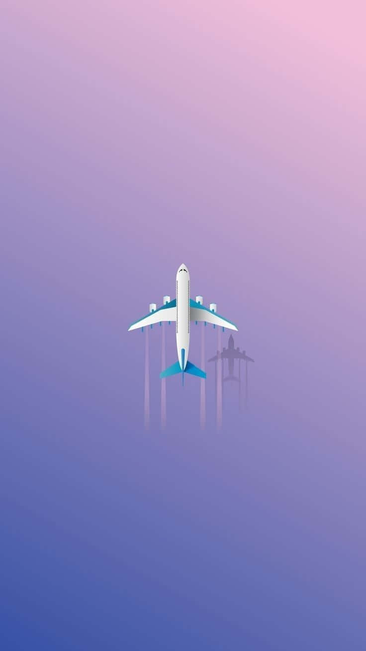 極簡飛機漸層背景 壁紙 — 一架風格化的飛機向上飛行，背景是紫色和藍色的漸變天空，下方有淡淡的陰影。