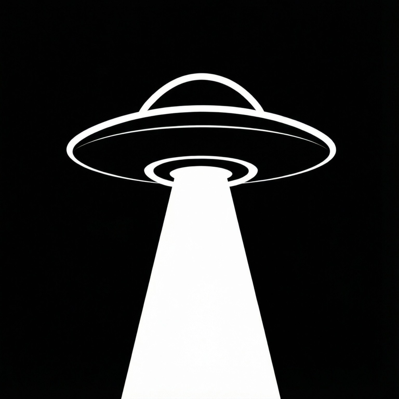 一個帶有光束的白色UFO，背景為黑色。