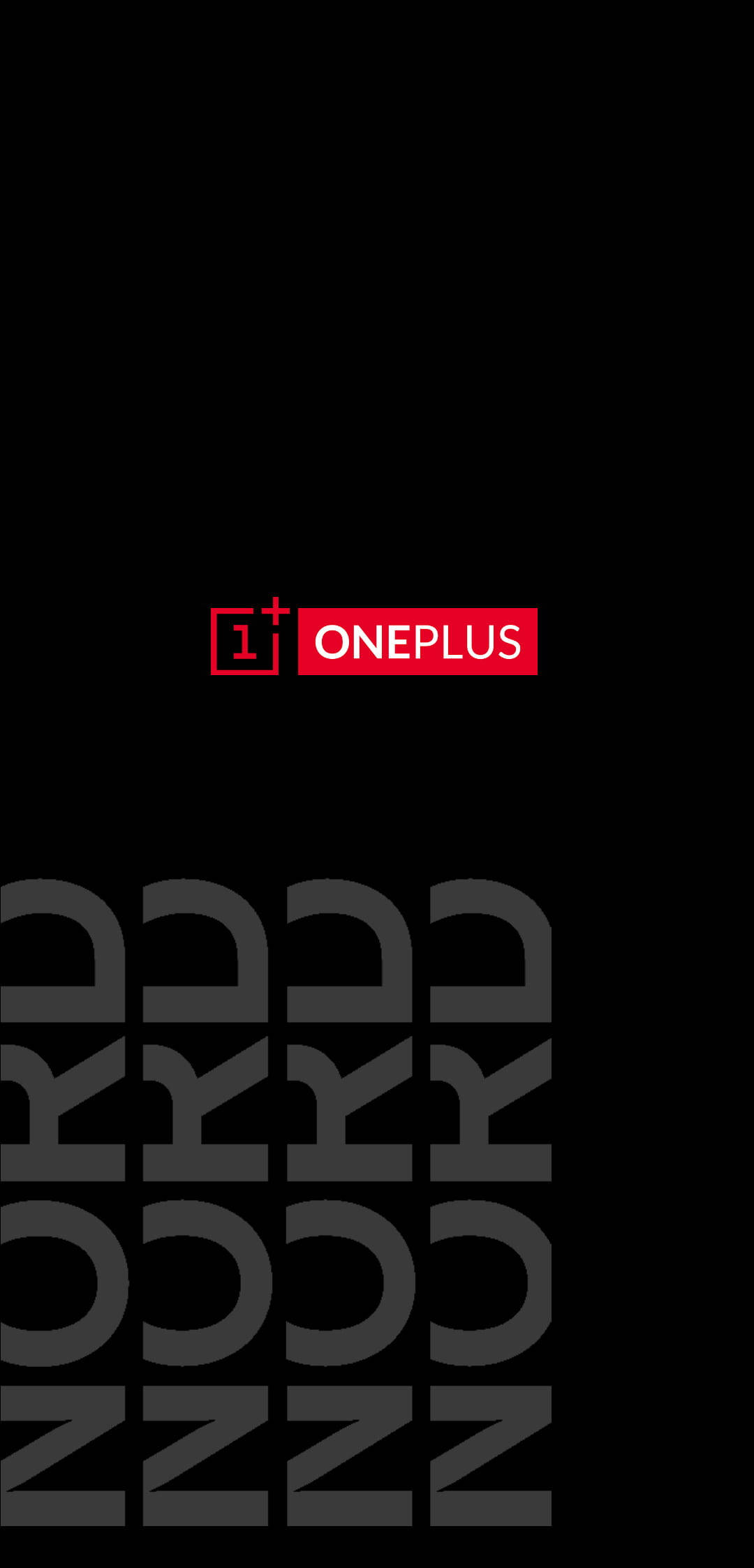 Logo 桌布 壁紙 — 極簡黑色桌布，帶有紅色 OnePlus 標誌和底部重複的灰色字母形狀。