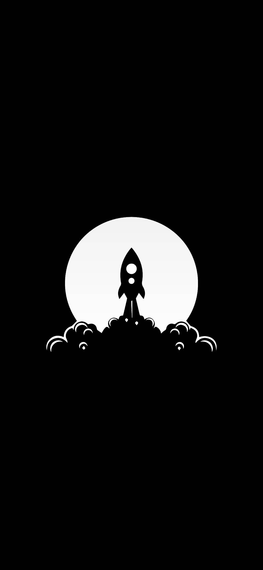 極簡黑色火箭船 壁紙 — 一枚極簡黑白火箭從雲層中發射，背景是發光的圓形。