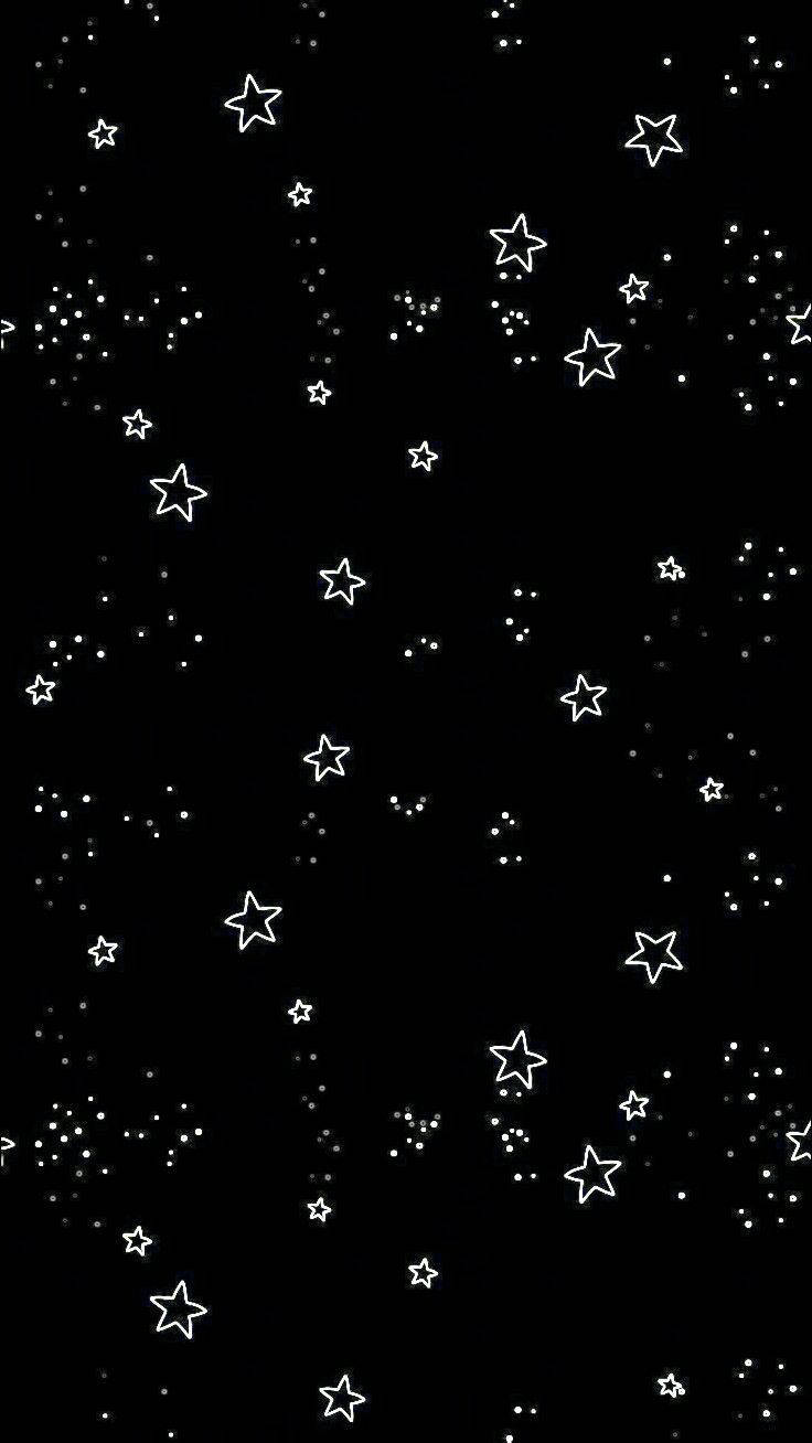 星星 桌布 壁紙 — 極簡黑色背景，點綴著散落的白色輪廓星星和細小點點，宛如宇宙夜空。