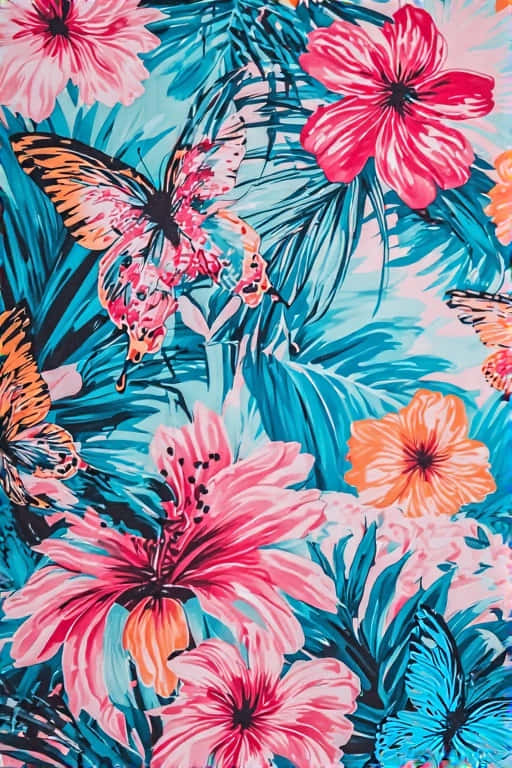 極繁主義蝴蝶與熱帶花朵 壁紙 — 充滿活力的熱帶壁紙，粉橙色木槿花和橙色蝴蝶在藍綠色棕櫚葉上。