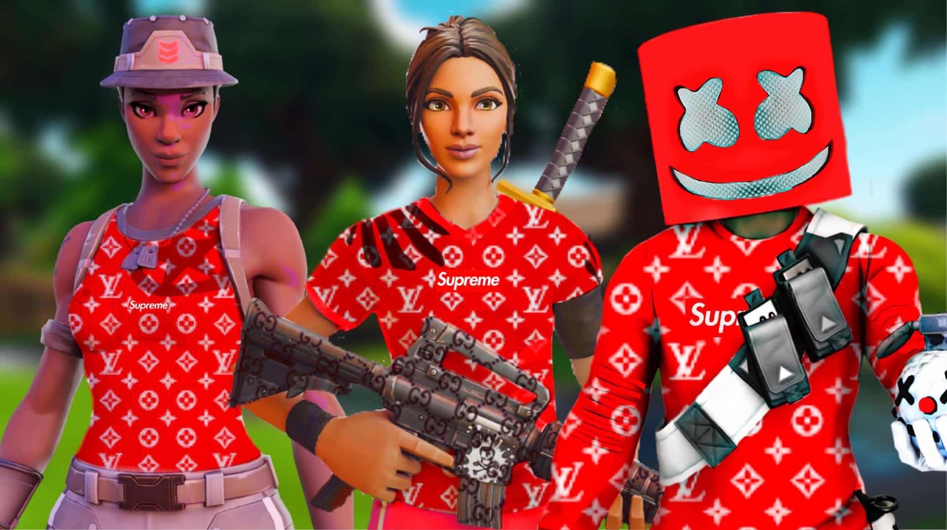 三個Fortnite角色穿著紅色Louis Vuitton服裝，手持武器和Marshmello面具。 — 酷 壁紙