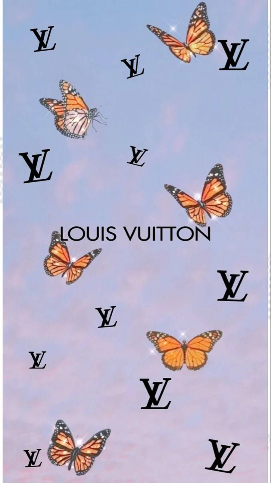 橙色蝴蝶在薰衣草色天空背景下於 Louis Vuitton 標誌間飛舞。