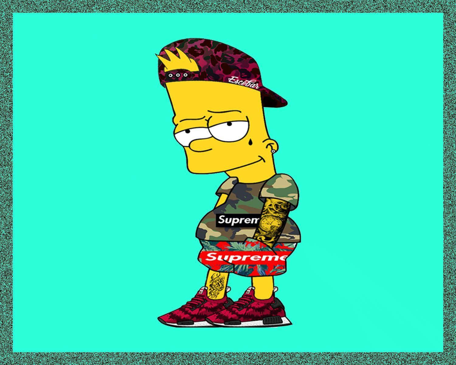 Bart Simpson 穿著 Supreme 品牌街頭服飾，在帶有紋理邊框的青綠色背景前擺姿勢。
