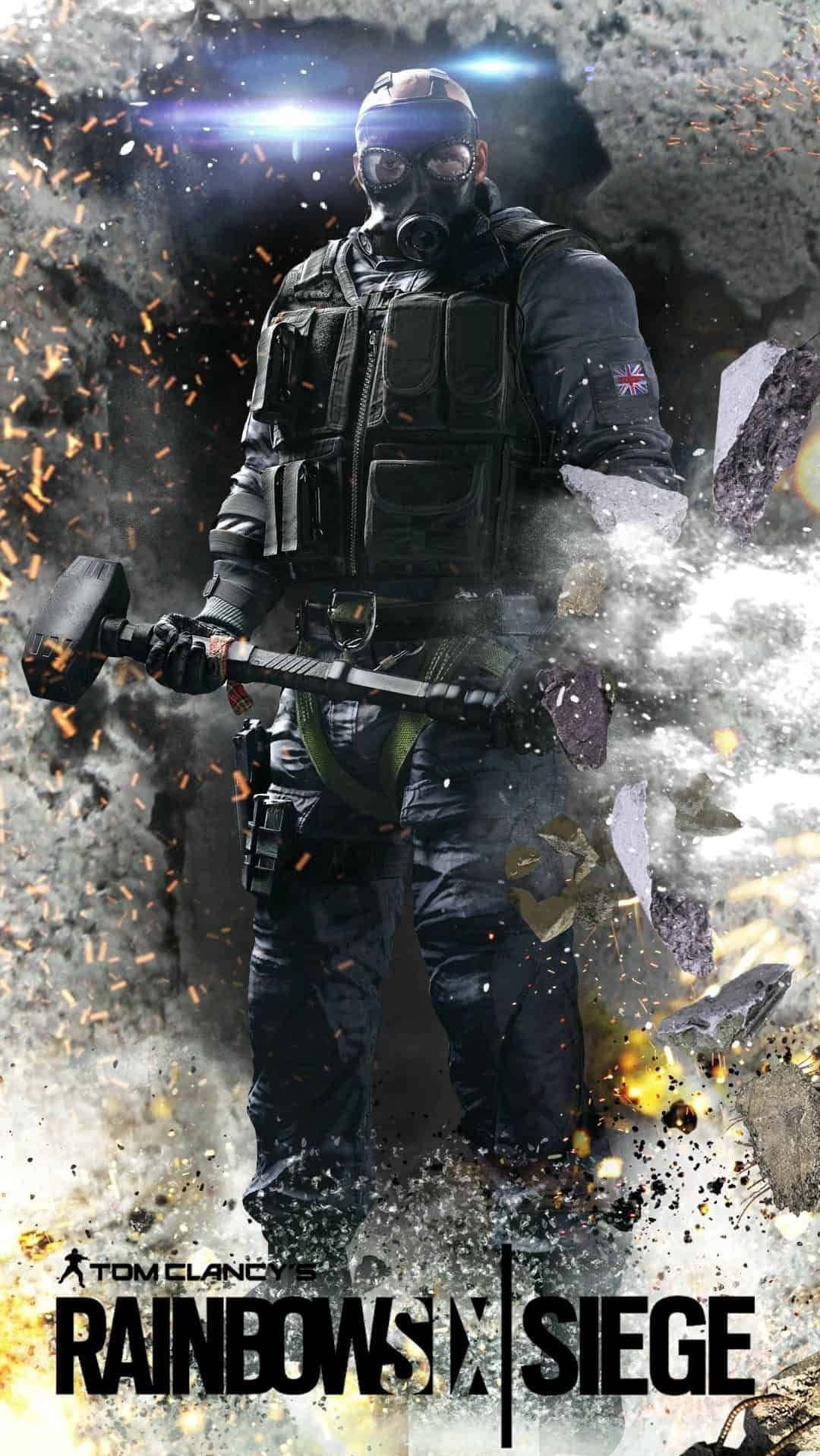 身穿戰鬥裝備的士兵在爆炸中手持大錘。