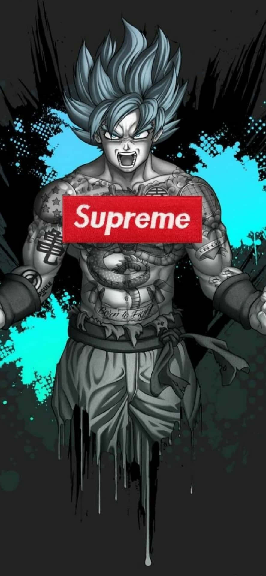 藍髮動漫戰士，有紋身，身穿Supreme標誌。