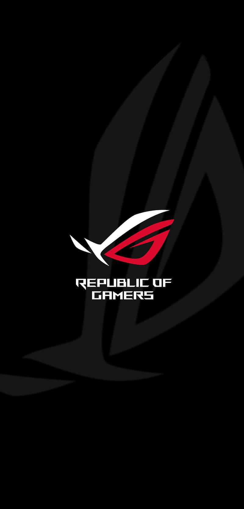 極致玩家裝機 — ASUS ROG 系列，暢玩任何遊戲 壁紙 — 一個時尚的 ROG 標誌，帶有紅、白、黑三色點綴，居中於深色背景上。
