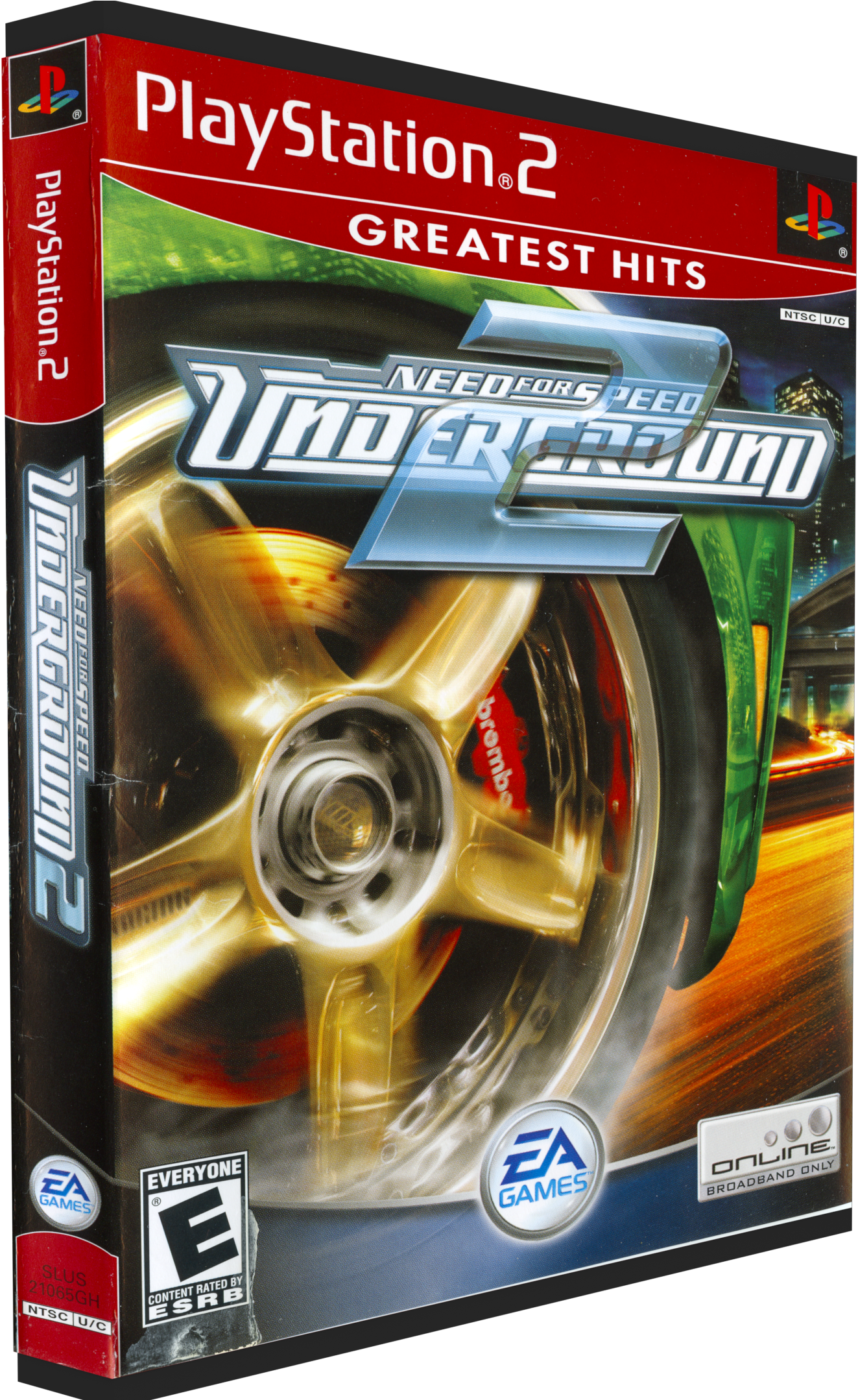 極速快感：地下2 PS2遊戲封面 壁紙 — PlayStation 2《極速快感：飆風再起2》遊戲盒，以城市夜景為背景，金色賽車方向盤帶有動態模糊效果。