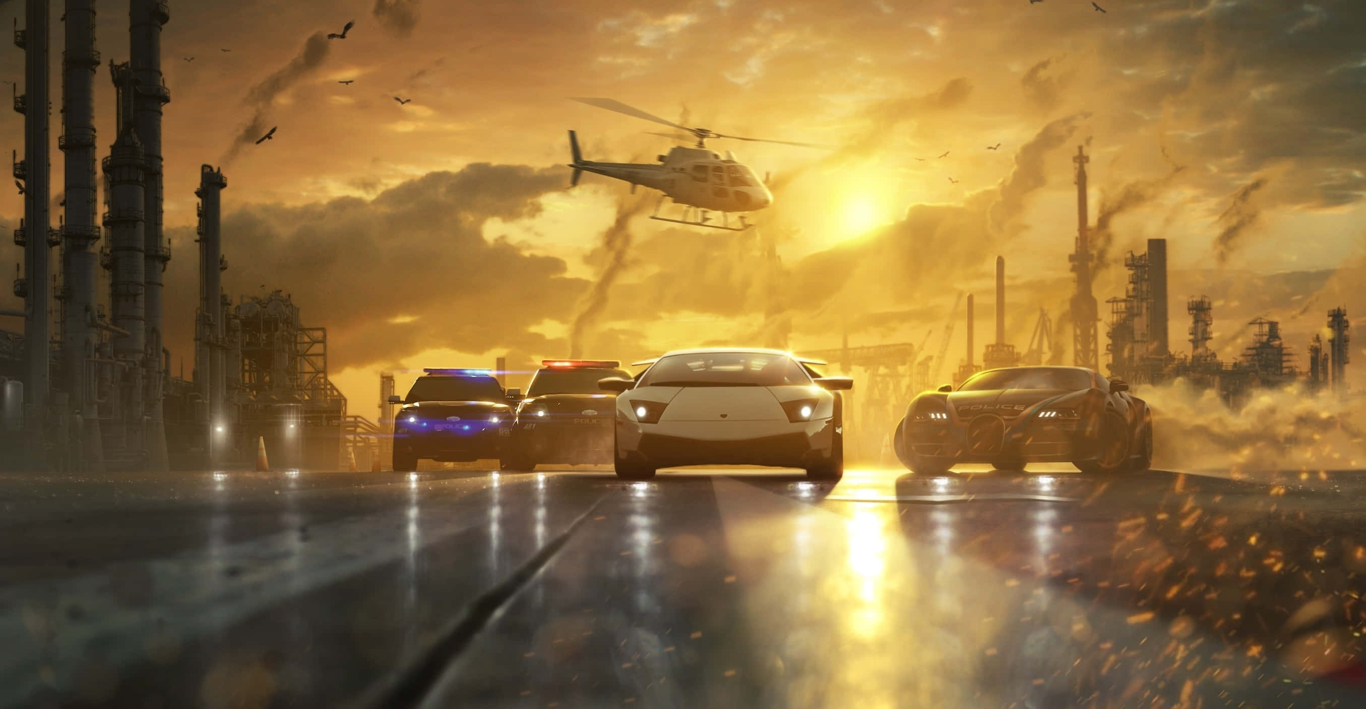 《極速快感》賽車道路背景 壁紙 — 在金色夕陽下，警車和跑車在盤旋的直升機下高速追逐，穿越工業廢墟。