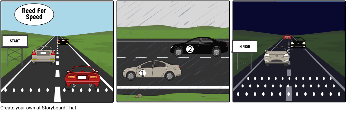 極速快感賽車場景 壁紙 — 三輛賽車在直路上飛馳，穿越由晴朗到下雨再到夜晚的天氣變化，並設有起點和終點標誌。