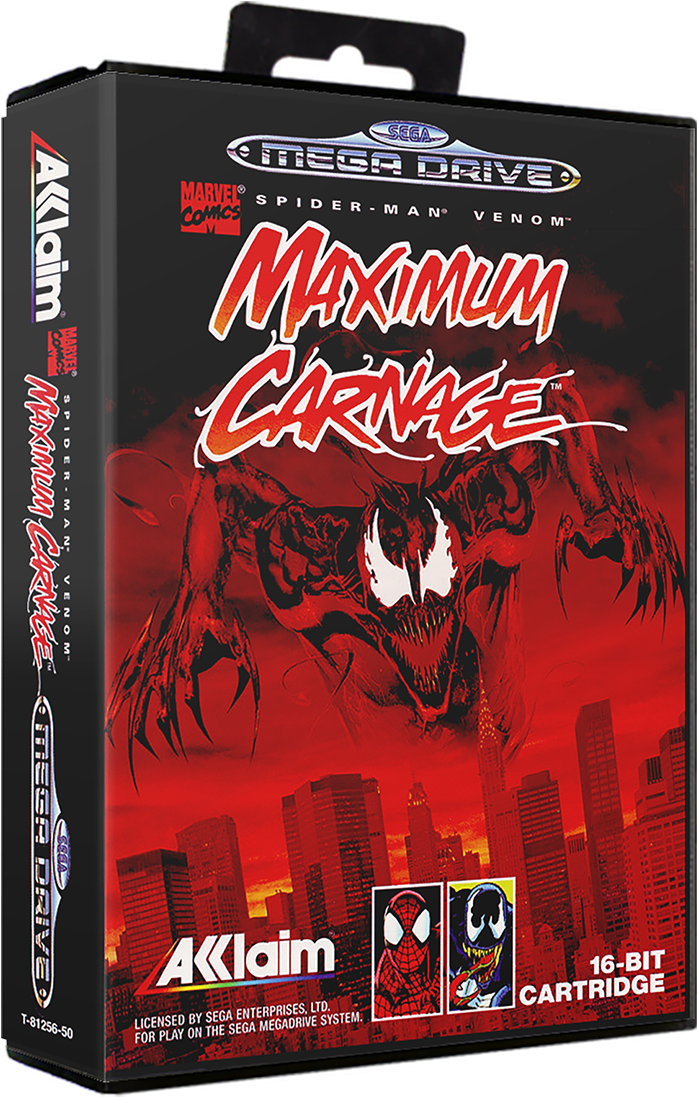 極限卡內奇遊戲盒裝藝術 壁紙 — Venom 籠罩在 Maximum Carnage 的 Sega Mega Drive 遊戲盒上，呈現紅色調的城市天際線。
