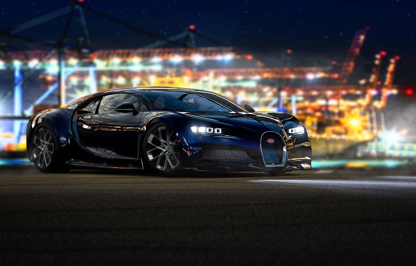 黑色Bugatti Chiron夜間停放，背景是閃爍的城市燈光。