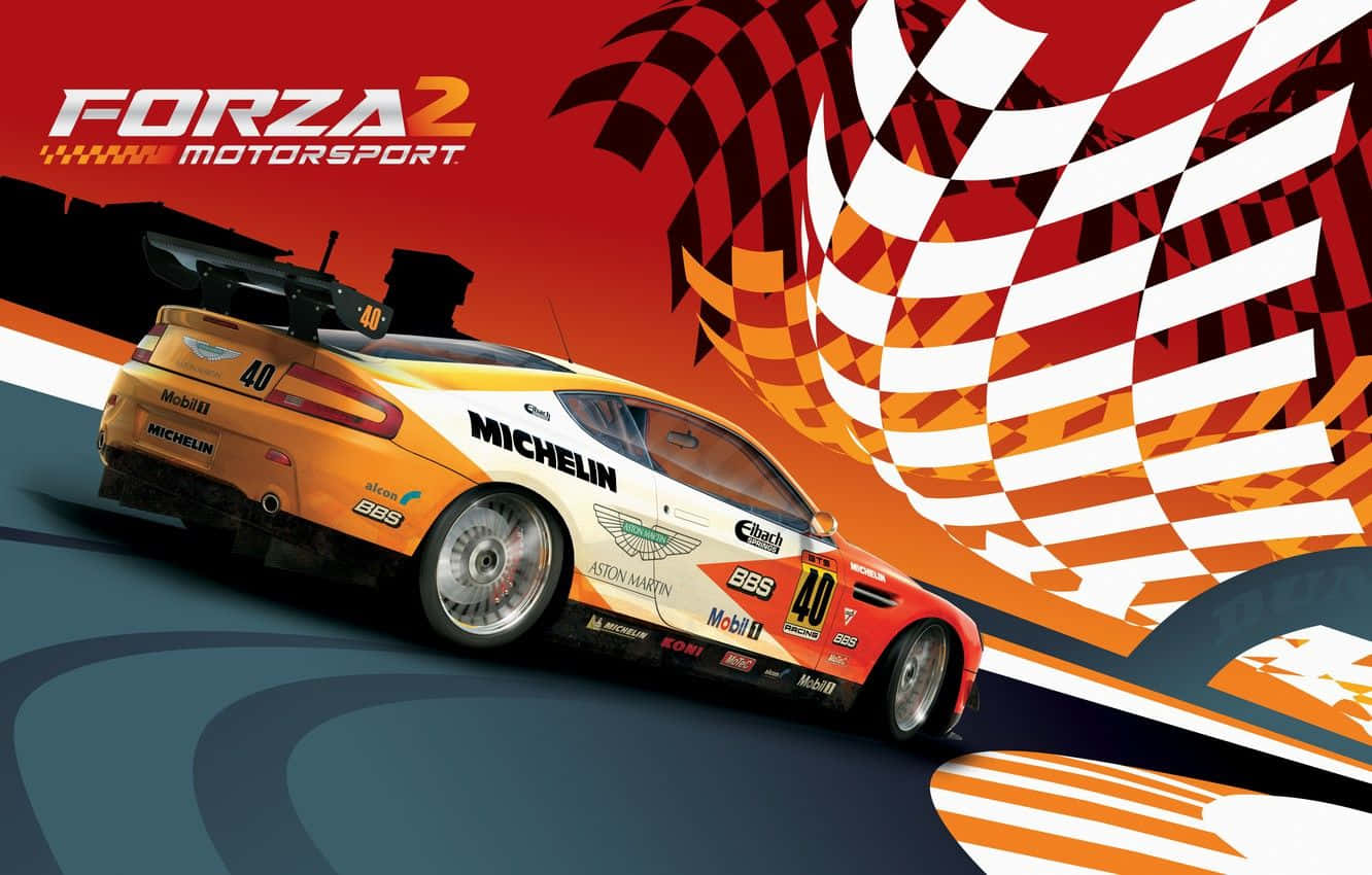 橙色賽車在賽道上疾馳，帶有方格旗圖案和 Forza Motorsport 標誌。