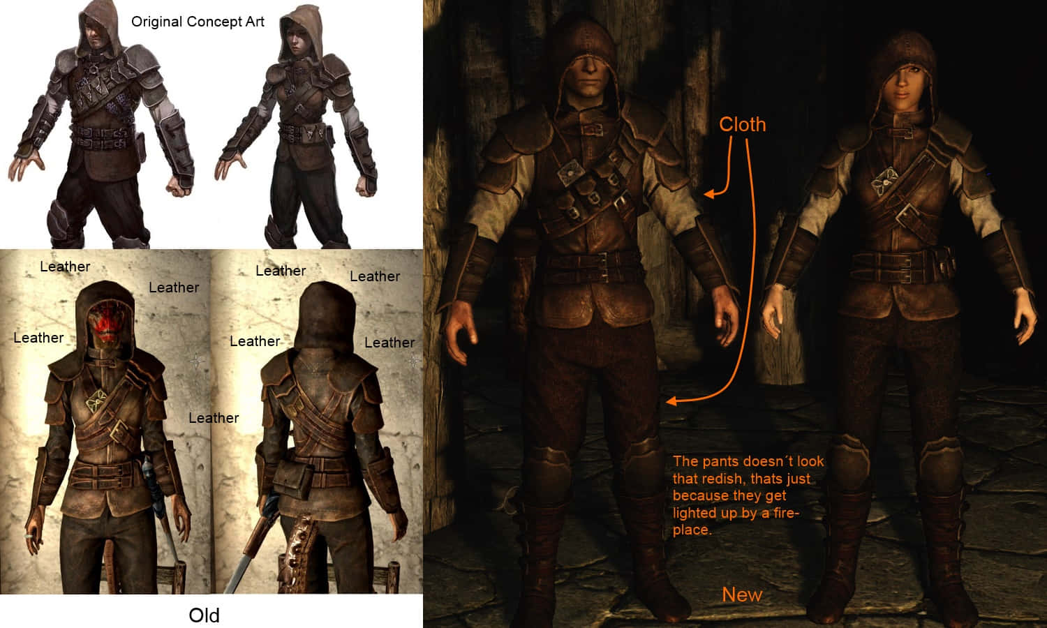 Thieves Guild 桌布 壁紙 — 概念藝術與遊戲內比較：一個戴兜帽的裝甲角色，在昏暗地牢燈光下展示皮革和布料變體。