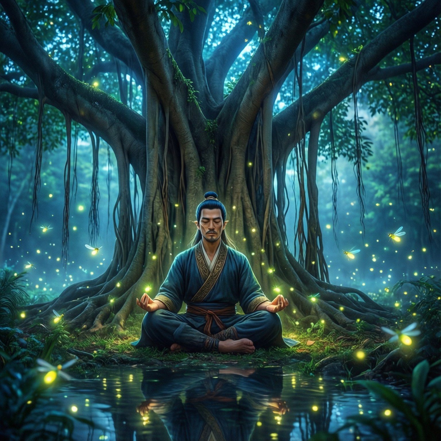 一個男人在迷霧森林中的巨樹下冥想，周圍有發光的螢火蟲。