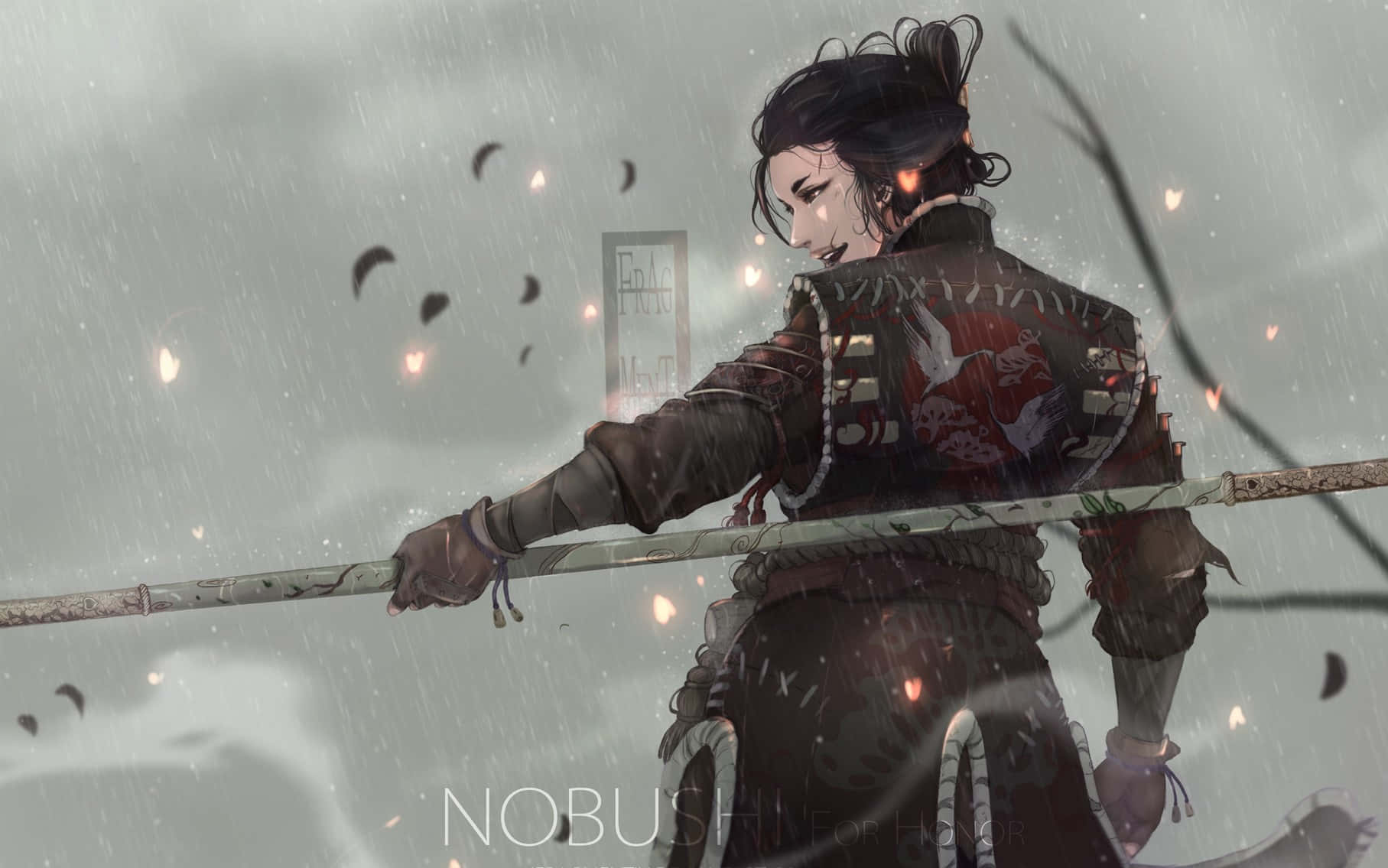 武士戰士在雨中櫻花場景中持刀