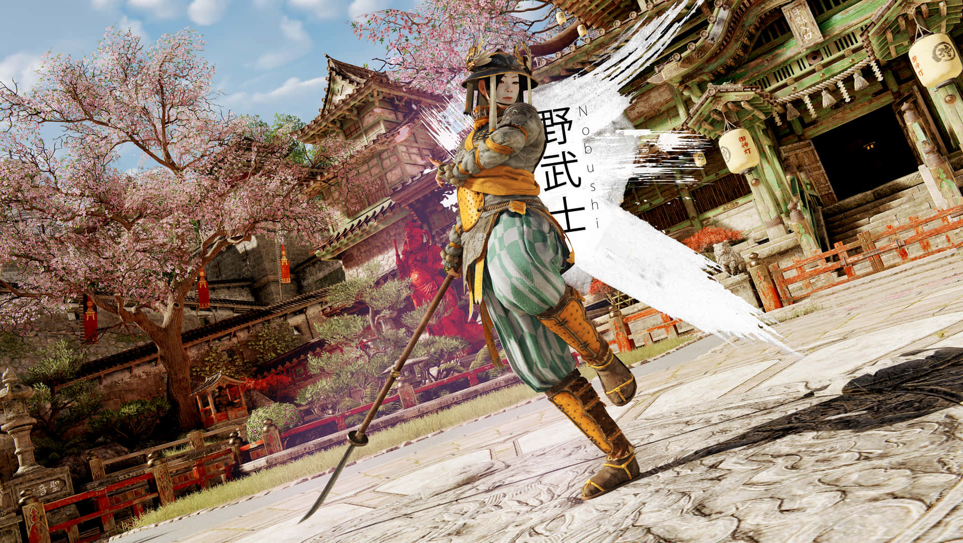 身穿盔甲的武士在櫻花附近的日本神社持劍。