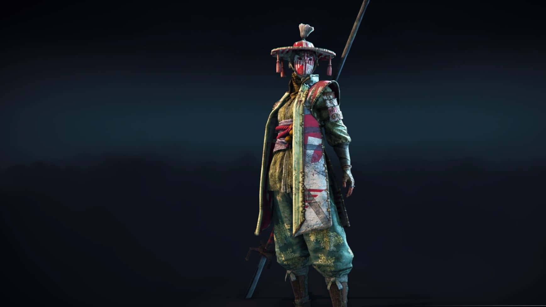 身穿華麗盔甲的武士戰士在黑暗環境中手持武士刀。