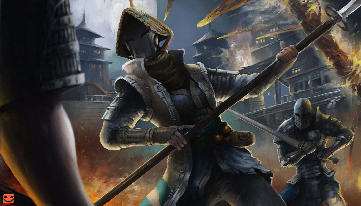 武士穿著盔甲在夜晚燃燒的城堡中用火焰長柄武器戰鬥。