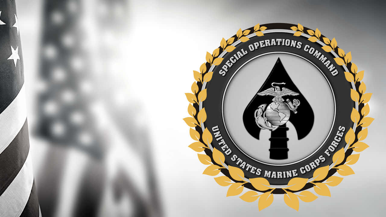 榮譽與奉獻 —— 美國海軍陸戰隊準備服役 壁紙 — 清晰對焦於美國海軍陸戰隊特種作戰司令部徽章，帶有金色月桂花環，背景是模糊的美國國旗。