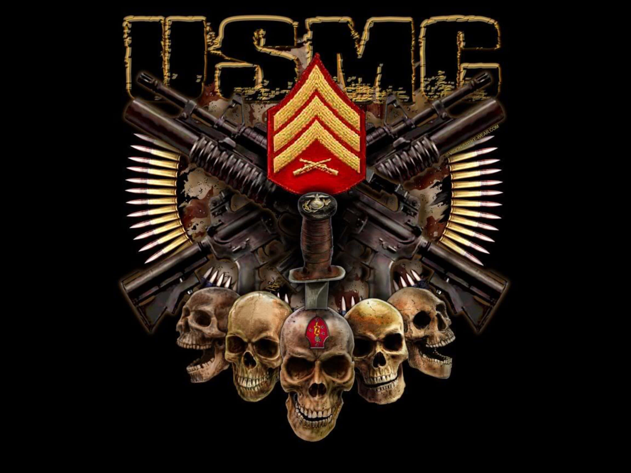榮譽與犧牲：美國海軍陸戰隊官兵 壁紙 — USMC 徽章，帶有交叉步槍和骷髏頭，背景為黑色。