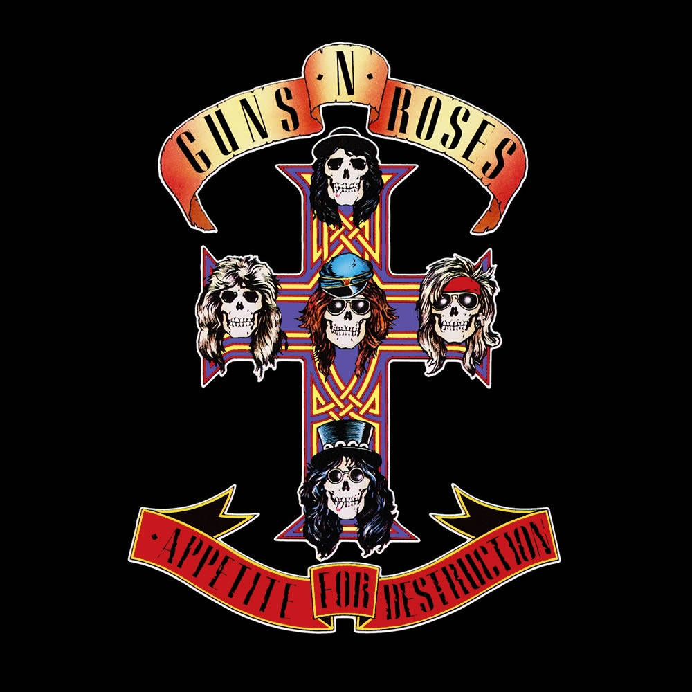槍與玫瑰《Appetite For Destruction》經典海報 壁紙 — Guns N' Roses 樂隊標誌，十字架上五個骷髏頭，紅色橫幅上寫著「GUNS N ROSES」和「APPETITE FOR DESTRUCTION」。