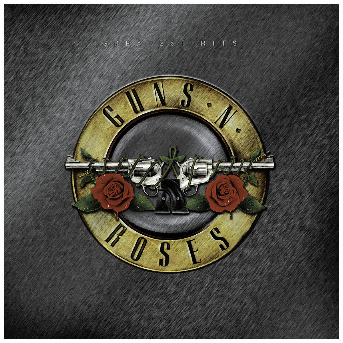 槍與玫瑰亞馬遜經典歌曲合輯 壁紙 — Guns N Roses 標誌，帶有交叉的左輪手槍和紅玫瑰，背景為拉絲金屬。