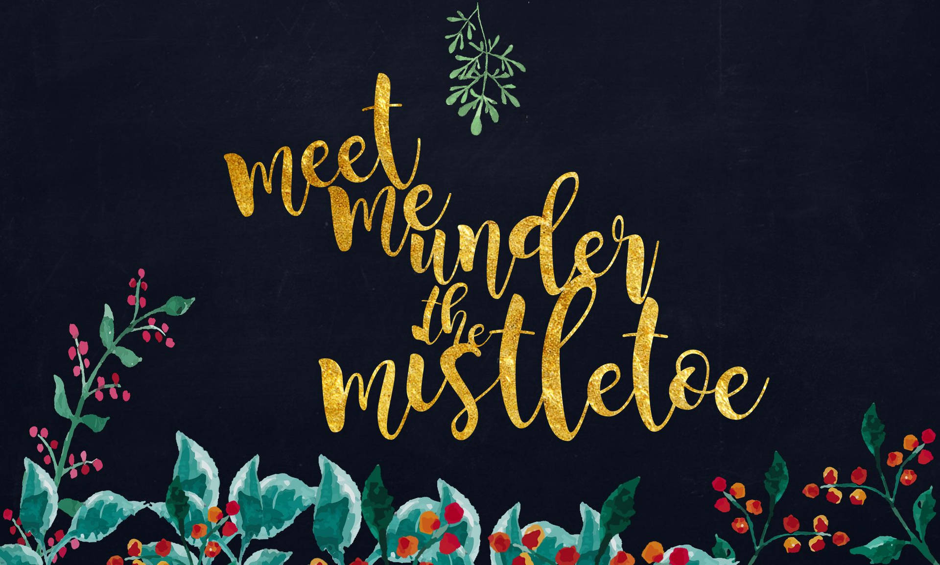 節日問候 meet me under the mistletoe，搭配綠植和漿果，深色背景