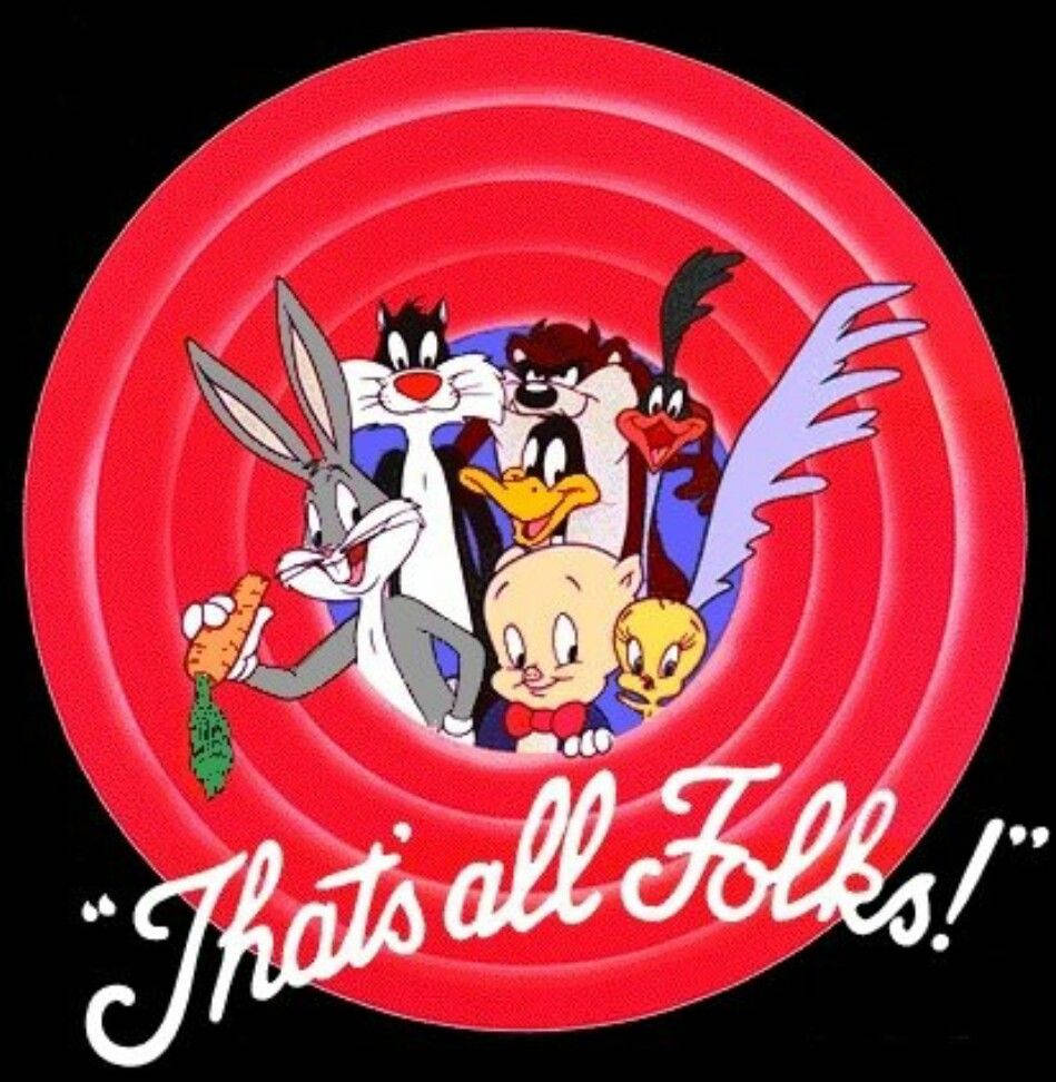 樂一通「That's All Folks」角色集錦 壁紙 — 經典樂一通角色在黑色背景上的紅色同心圓內愉快地擺姿勢，並帶有標誌性的結束標語。