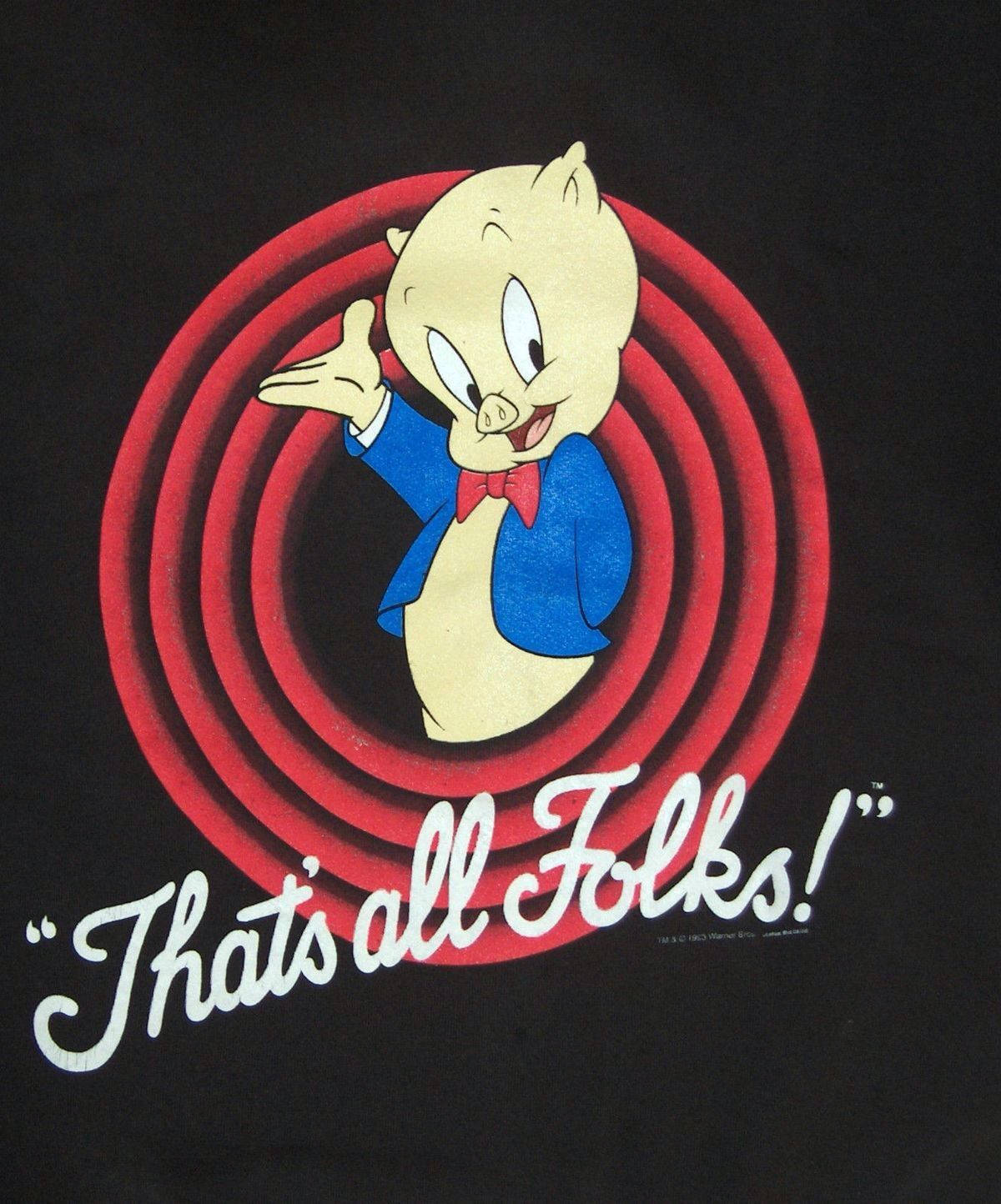 《樂一通》皮克豬「That's All Folks」 壁紙 — 經典卡通角色豬小弟在黑色背景上的紅色螺旋中愉快地揮手，並帶有 That's all Folks! 的文字