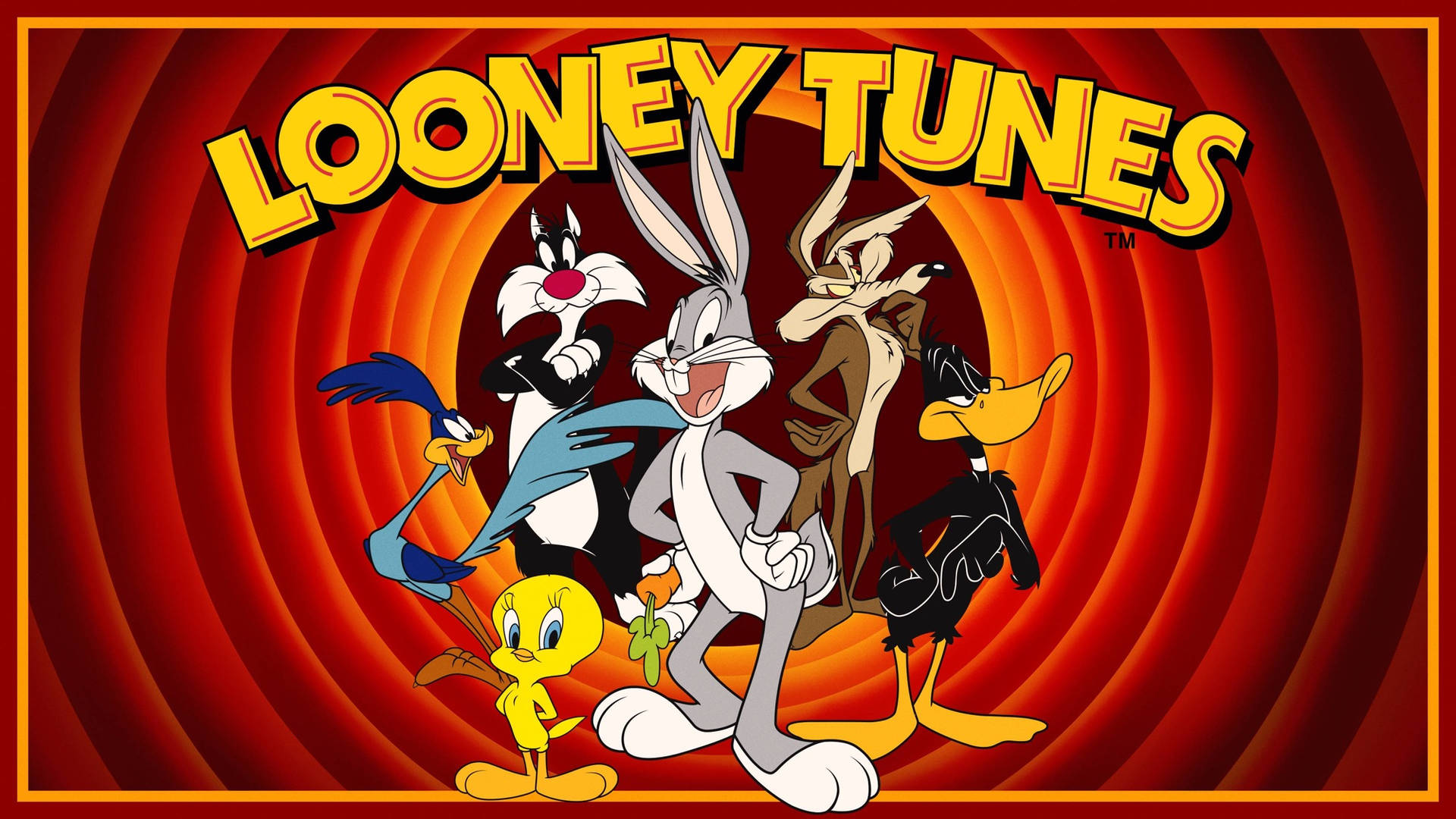 經典卡通風格的 Looney Tunes 角色在旋轉的紅色背景上。