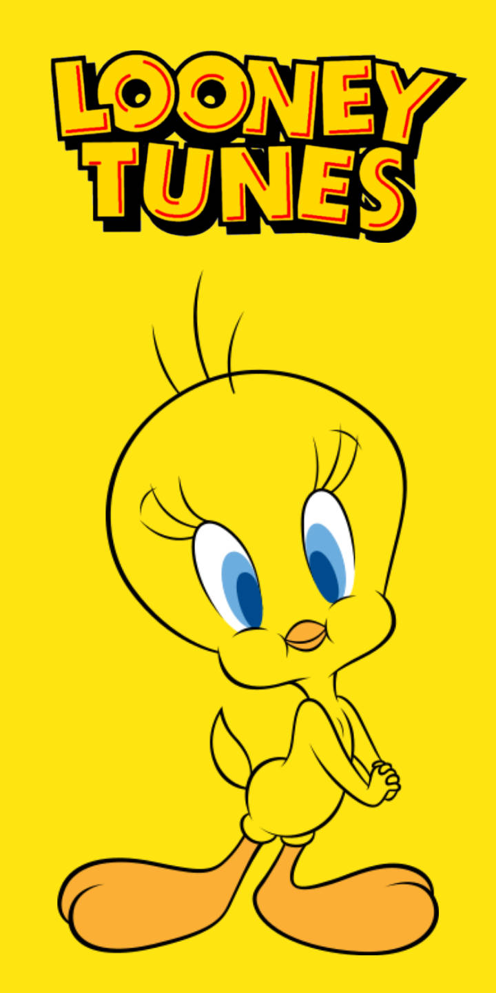 Tweety Bird 卡通角色，大眼睛，黃色羽毛，在黃色背景上。