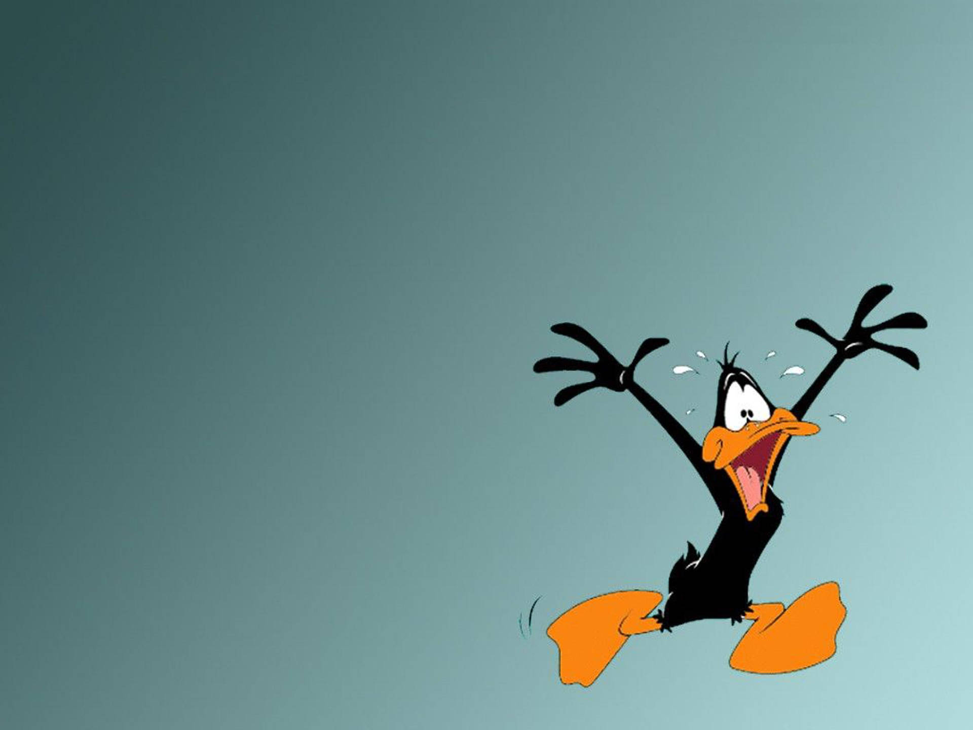 卡通角色 Daffy Duck 興奮舉起雙臂跳躍。