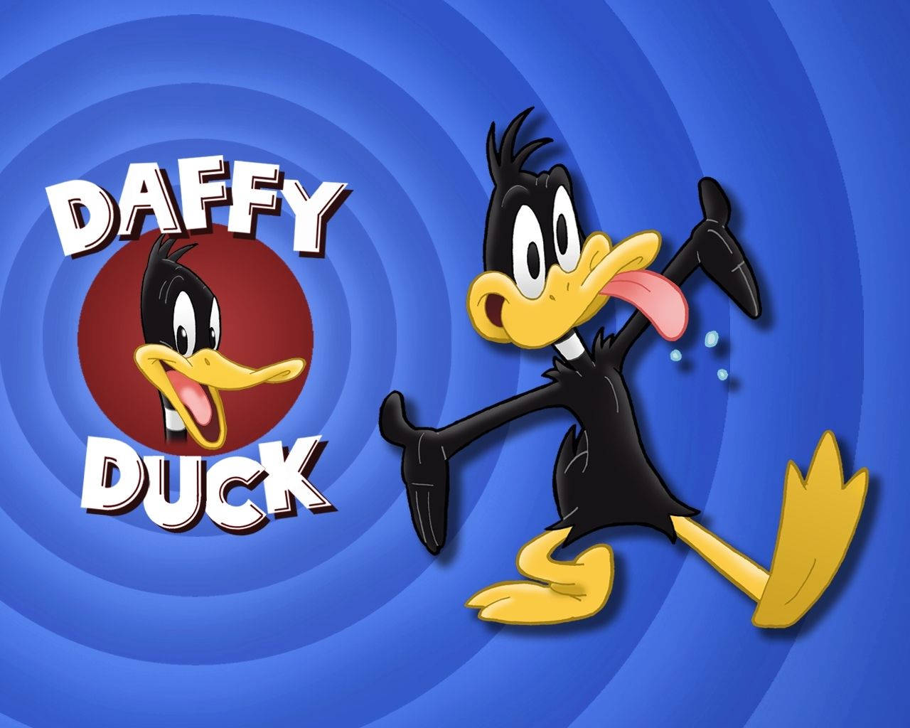 卡通角色 Daffy Duck 伸出舌頭，雙臂高舉，背景為藍色螺旋圖案。