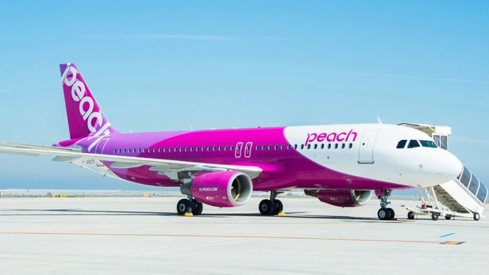 Peach Airlines飛機停在機場閘口，並連接了登機梯。