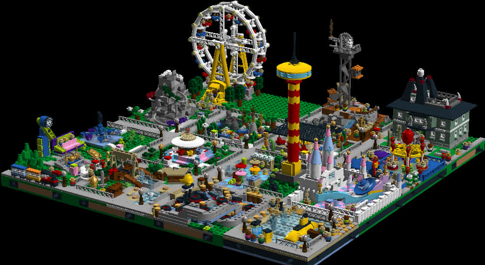 樂高主題遊樂園模型 壁紙 — 一個充滿活力的LEGO遊樂園，擁有巨大的摩天輪、城堡、水上遊樂設施和色彩繽紛的遊樂設施，背景為黑色。