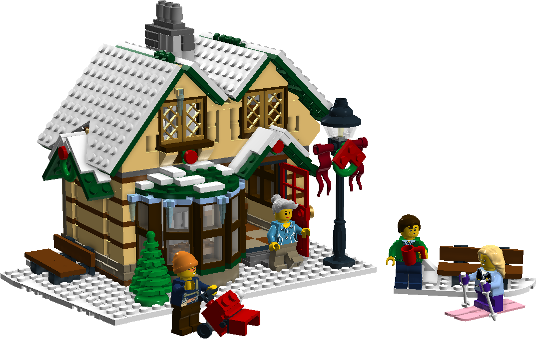 樂高冬季村莊場景 壁紙 — 一間LEGO冬季小屋，屋頂覆蓋白雪，裝飾著節日飾品，周圍有迷你人偶享受節日歡樂。
