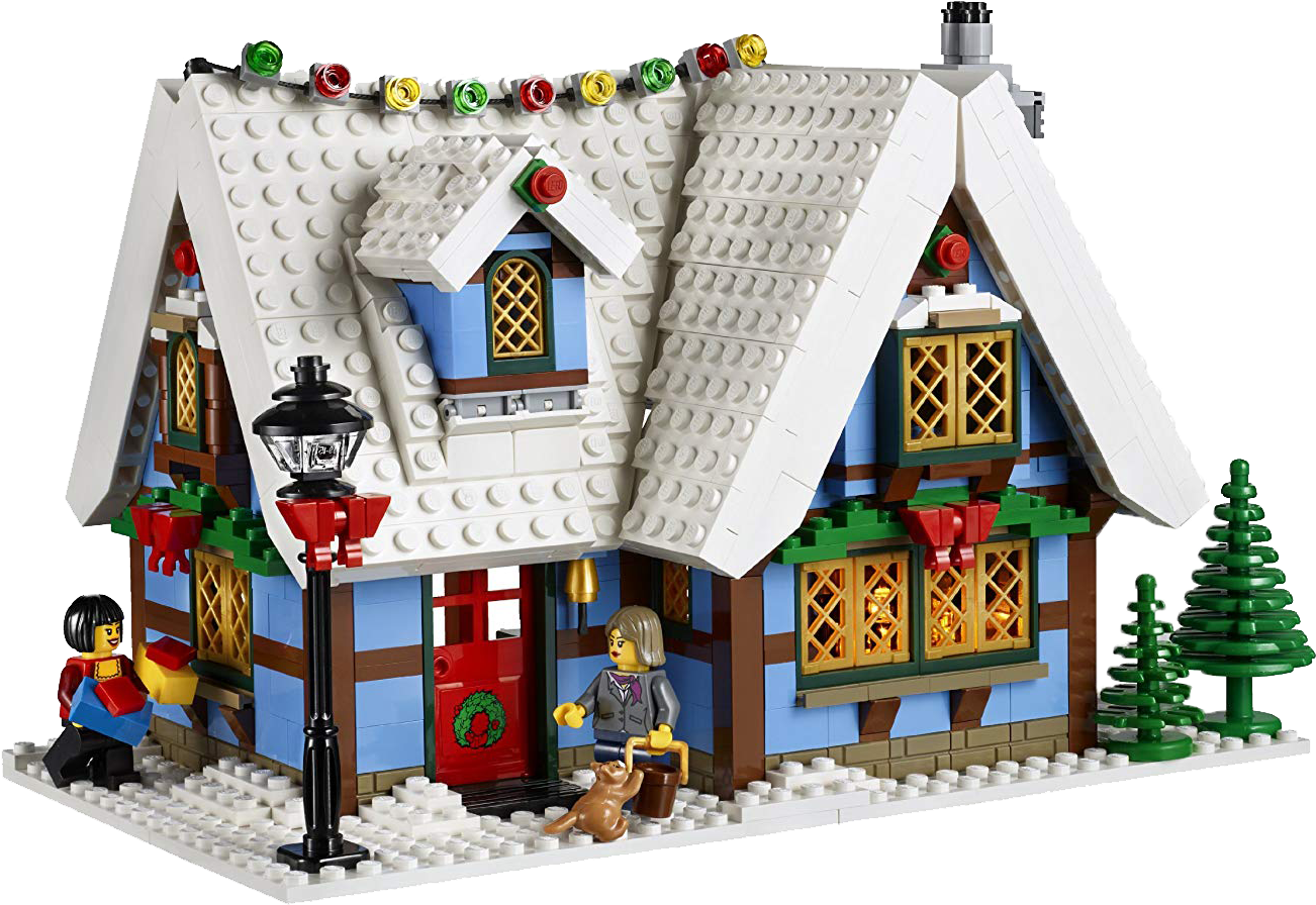 樂高冬季村莊小屋場景 壁紙 — 一間節日氣氛的LEGO冬季小屋，屋頂覆蓋白雪，掛滿彩色燈飾，門口有兩個迷你人偶在迎接。