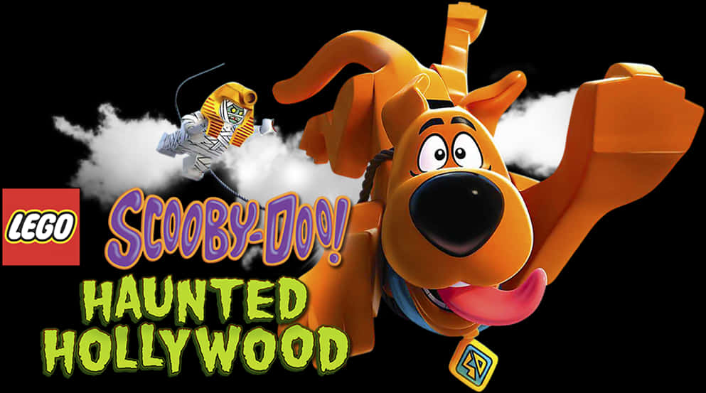 樂高史酷比：鬼屋好萊塢 壁紙 — 一隻LEGO Scooby-Doo喺黑色背景中穿過雲層開心咁跳躍，旁邊有一個木乃伊角色喺度飛。