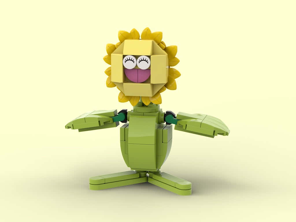一個微笑的LEGO向日葵角色，閉著眼睛，雙臂張開。