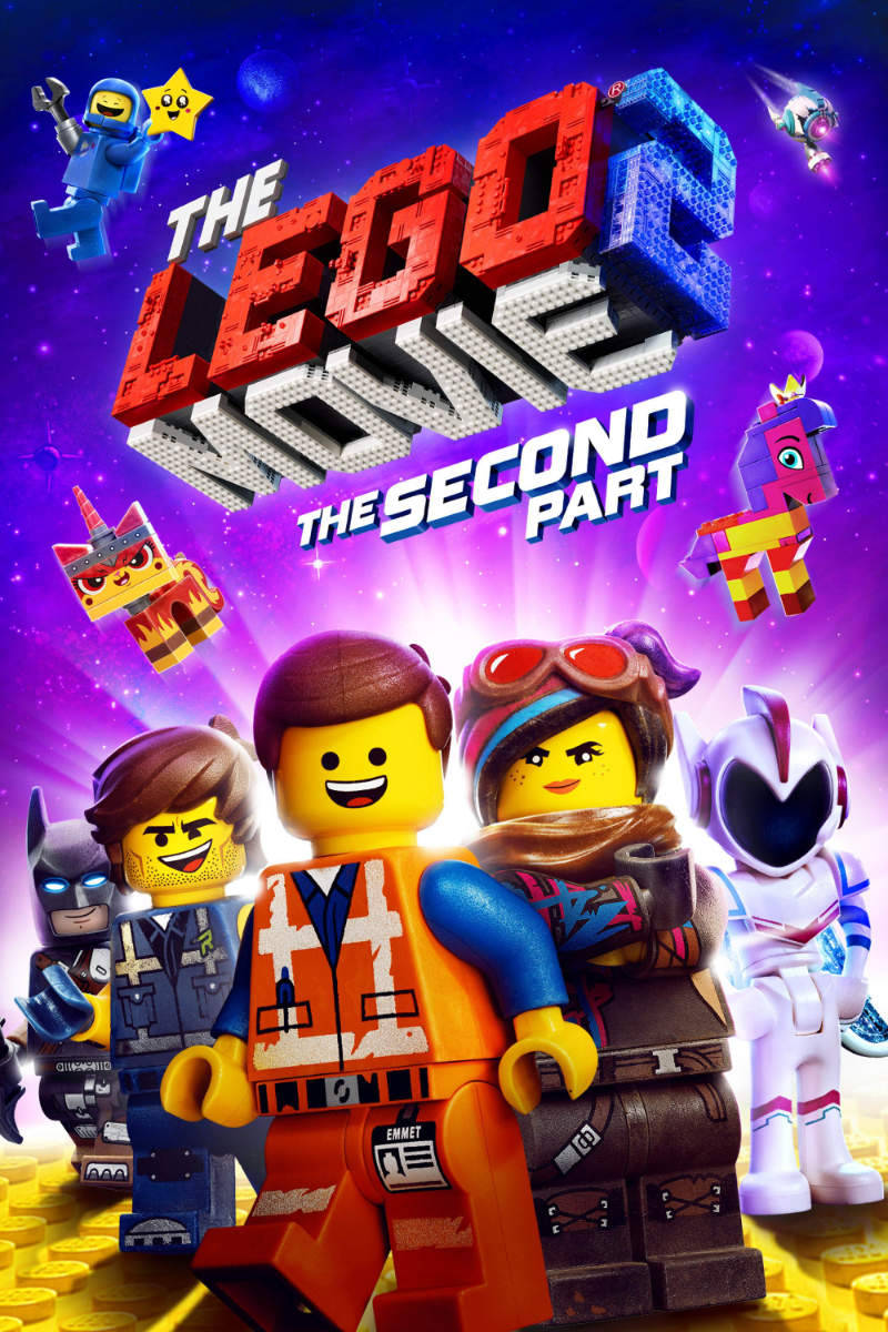 《樂高大電影2》酷炫海報 壁紙 — 色彩繽紛的LEGO角色穿著鮮豔的太空服，在宇宙紫色星空背景下英勇站立，周圍有漂浮的迷你人偶和醒目的電影標題。