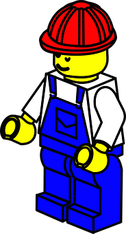 樂高工程師人偶 壁紙 — 一個經典的LEGO人仔工人，身穿藍色工裝褲和紅色安全帽，站在黑色背景前。