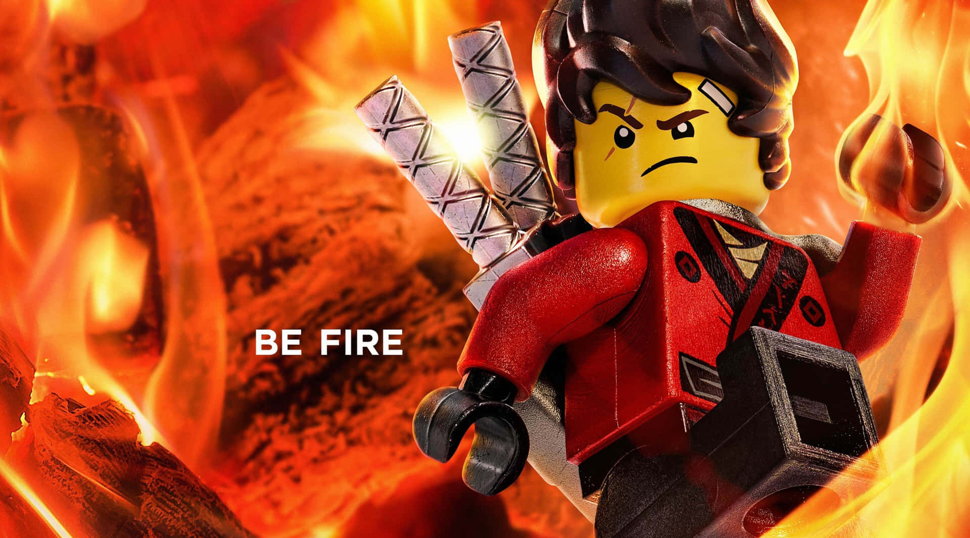 被火焰包圍的LEGO忍者戰士，手持交叉雙劍，帶有「BE FIRE」文字。