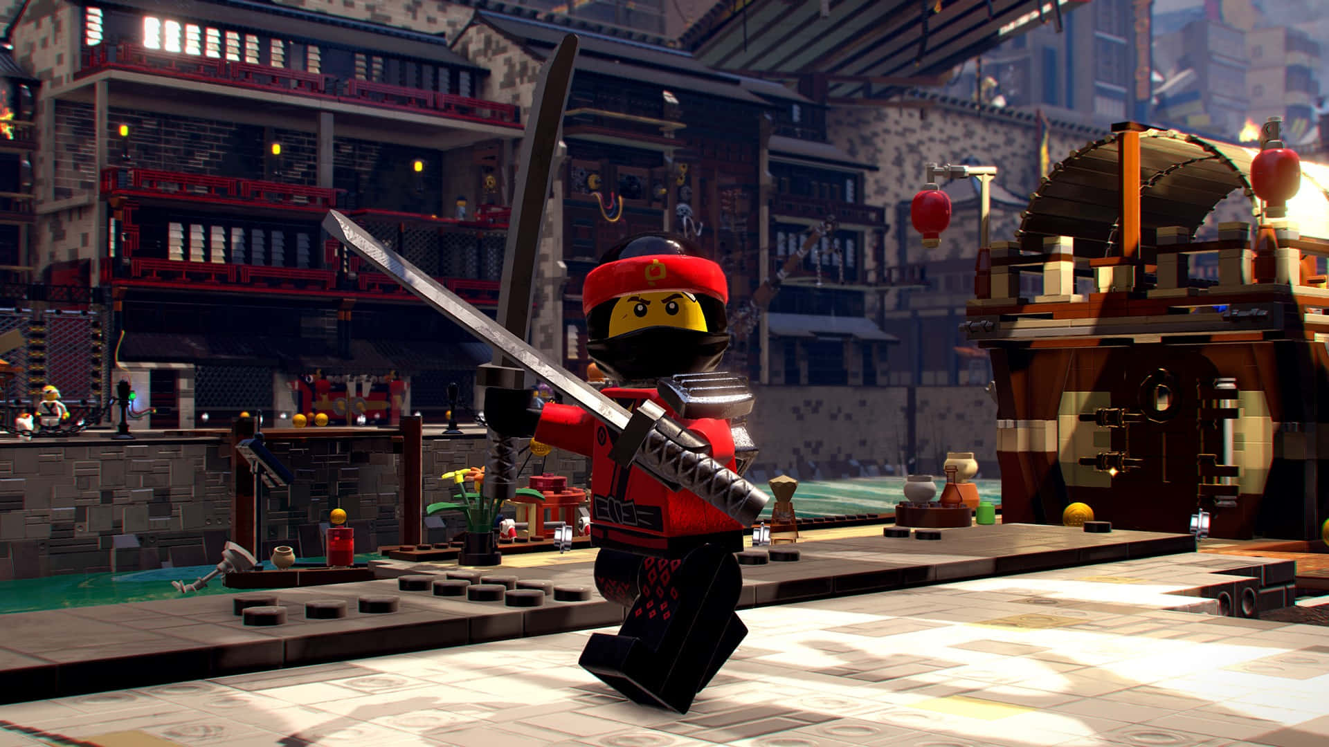 LEGO忍者在亞洲主題的LEGO城市中持劍，周圍有船和燈籠。