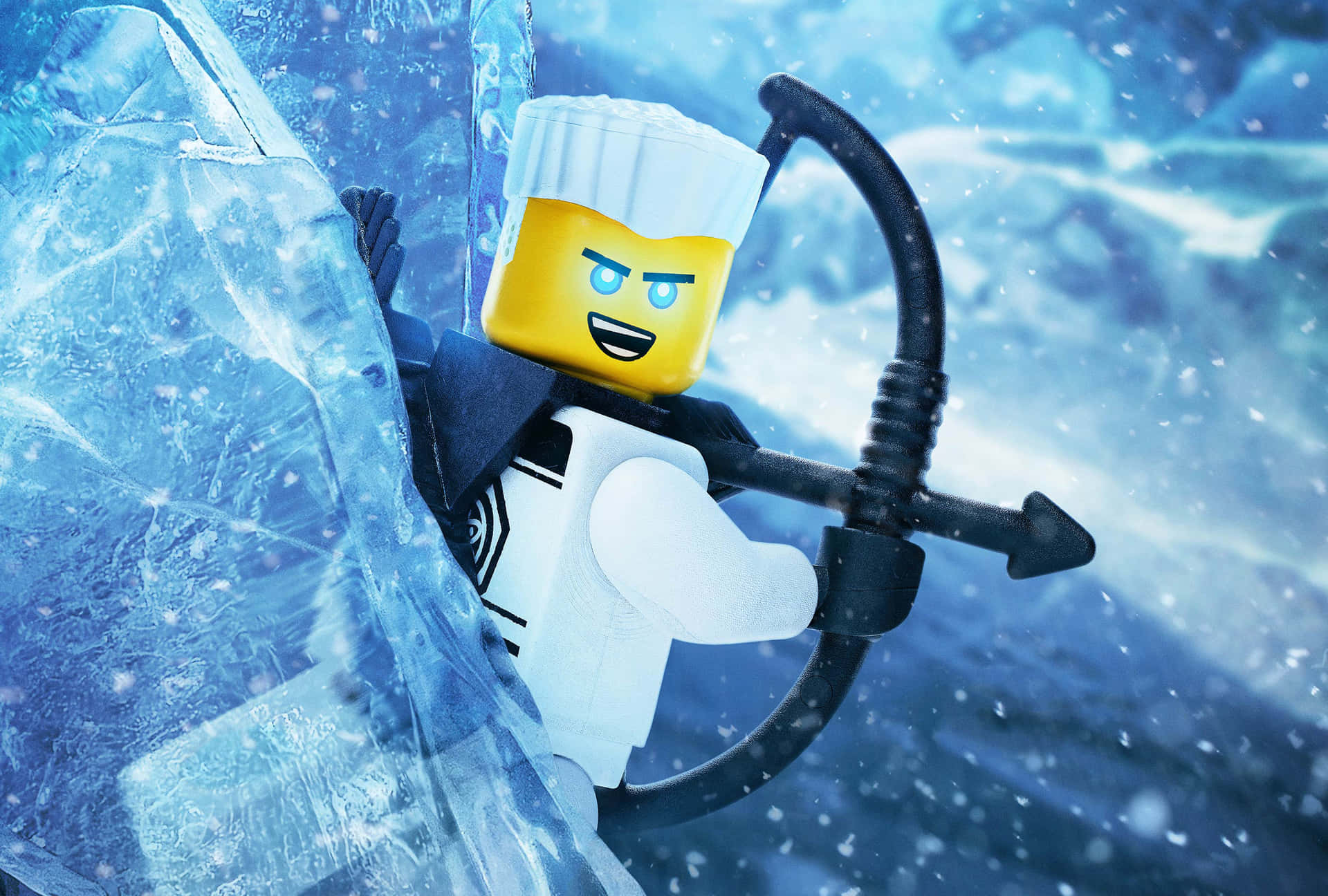 白髮藍眼的LEGO人偶在冰天雪地中手持弓箭。
