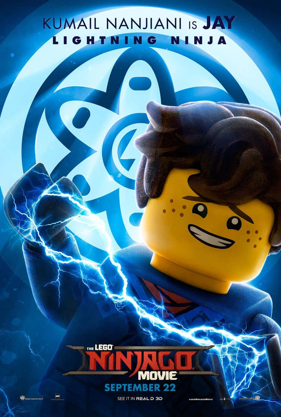 LEGO忍者角色在藍色標誌背後產生電閃電。