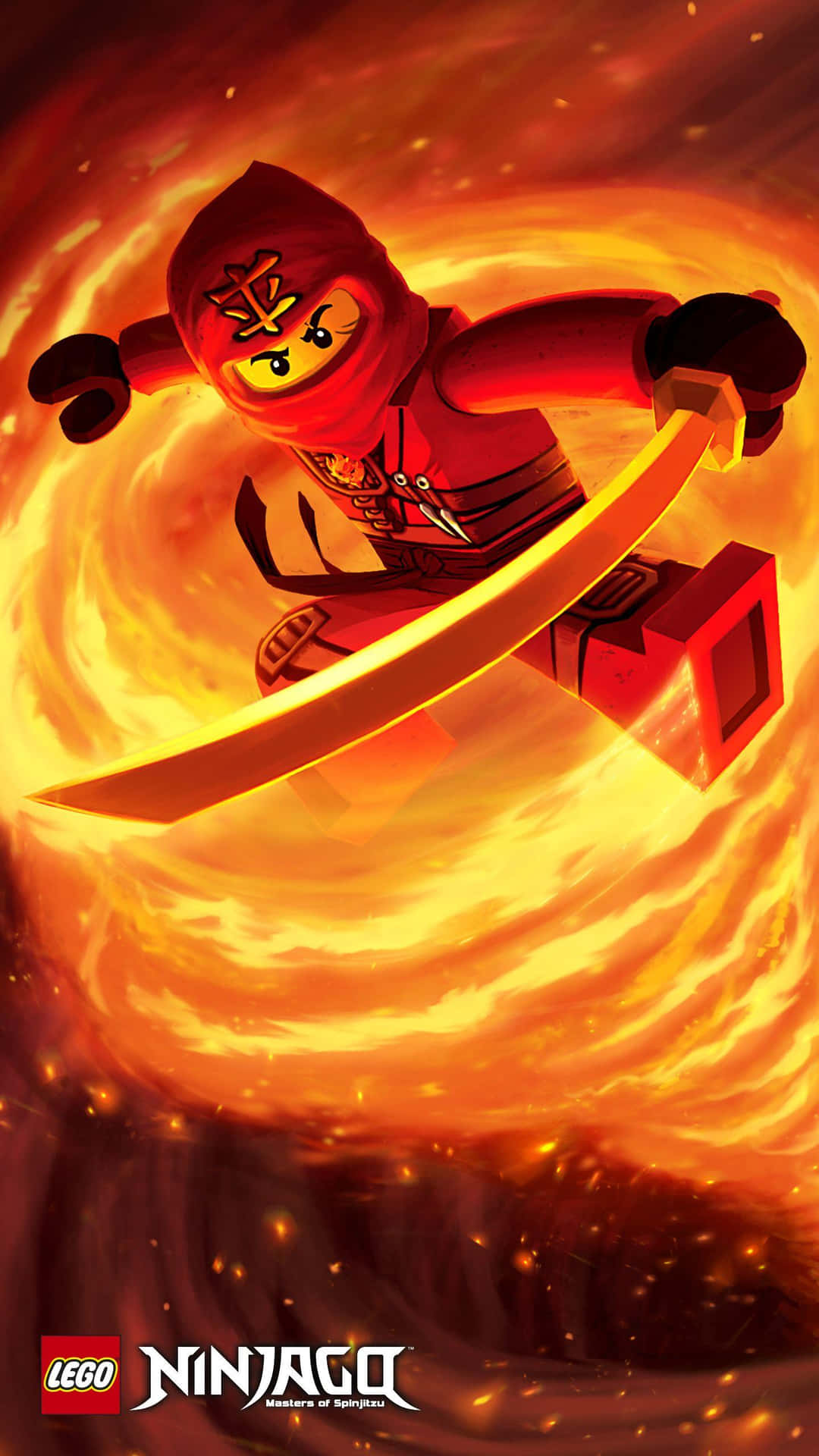 紅色LEGO忍者喺火焰漩渦中手持發光劍