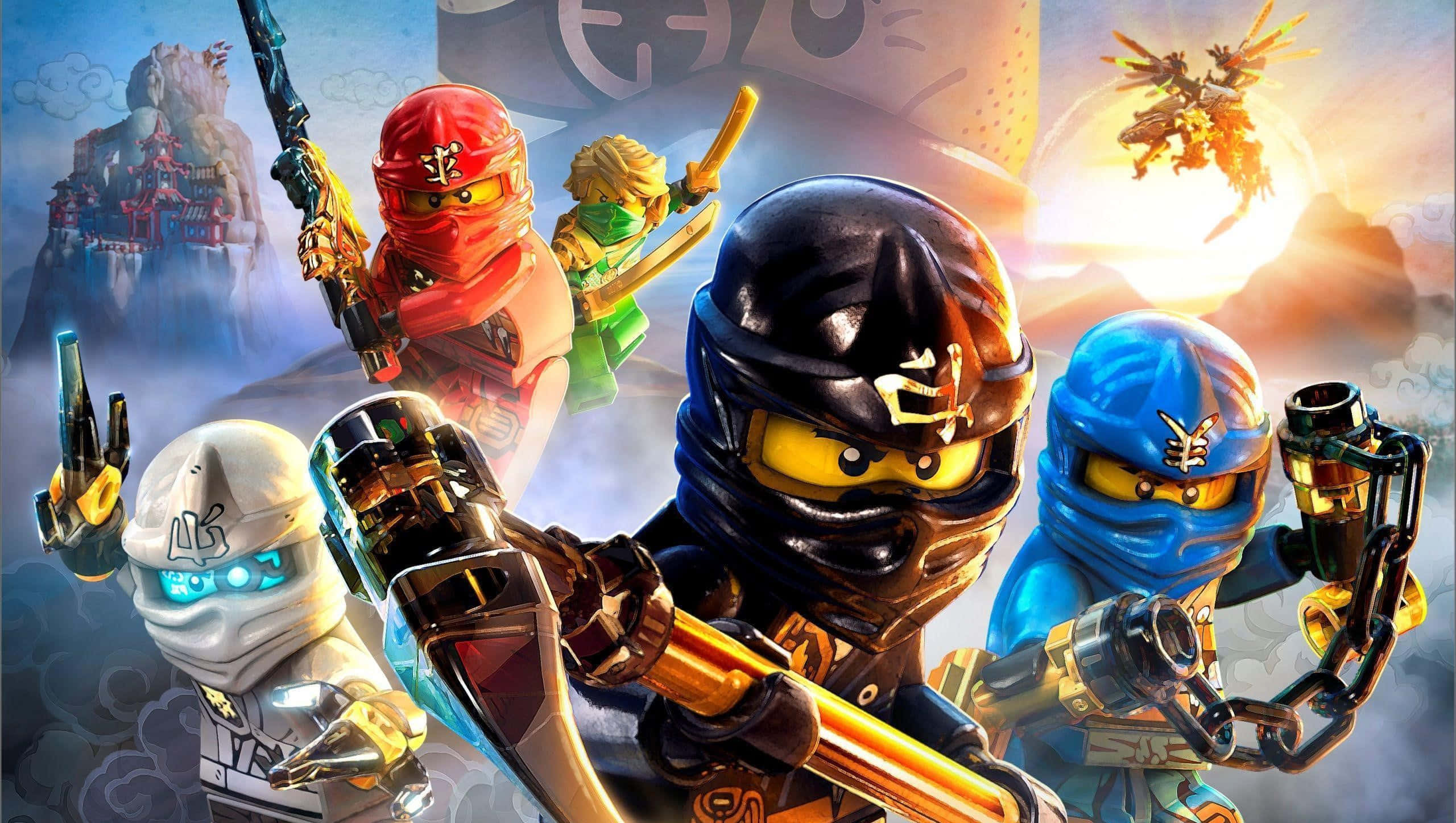 《樂高忍者》英雄們的精彩戰鬥場景 壁紙 — 五個LEGO Ninjago角色穿著色彩繽紛的忍者裝備，準備在火龍背景下戰鬥。